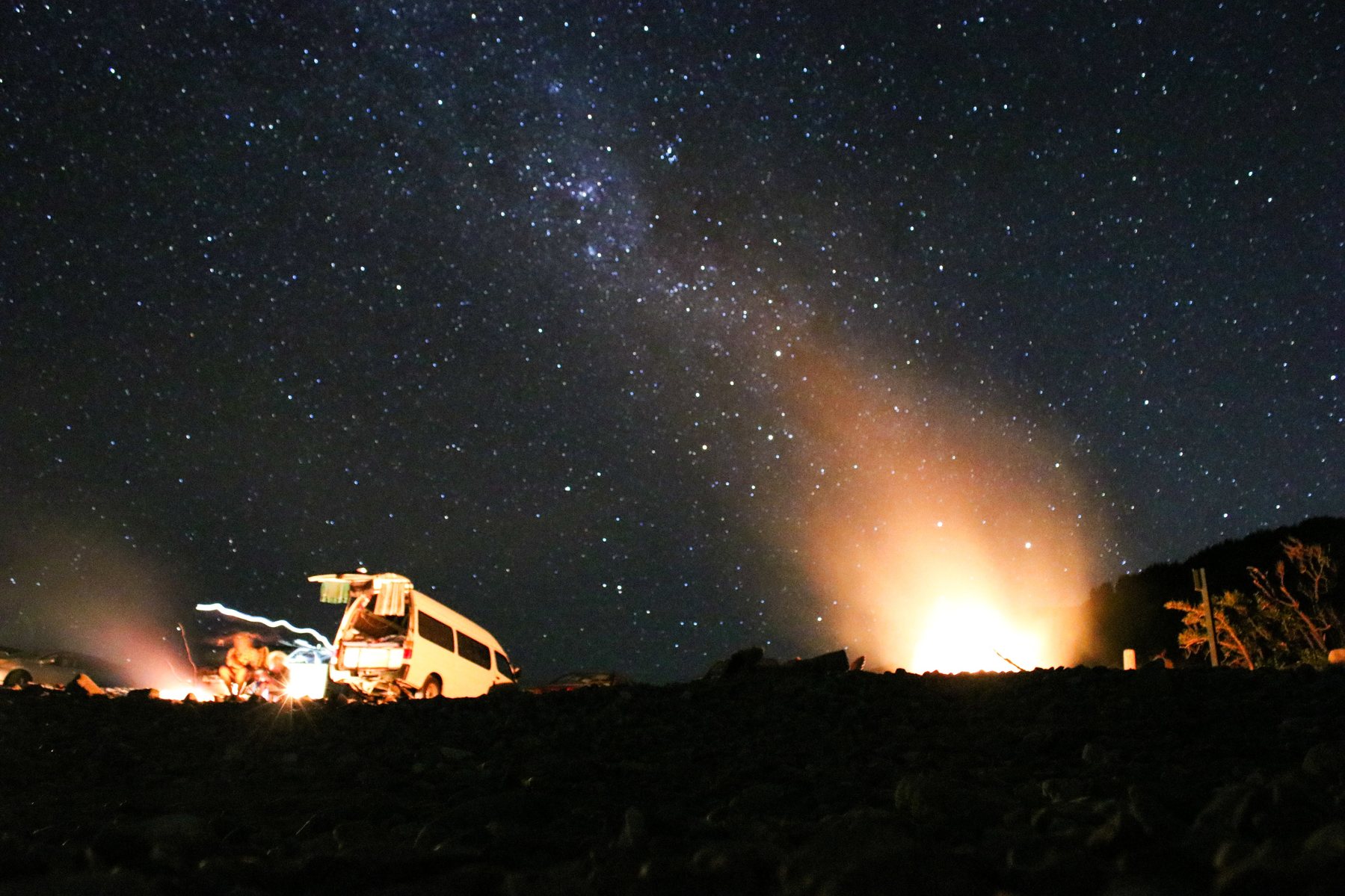 A camper van and campfire under the Milky Way