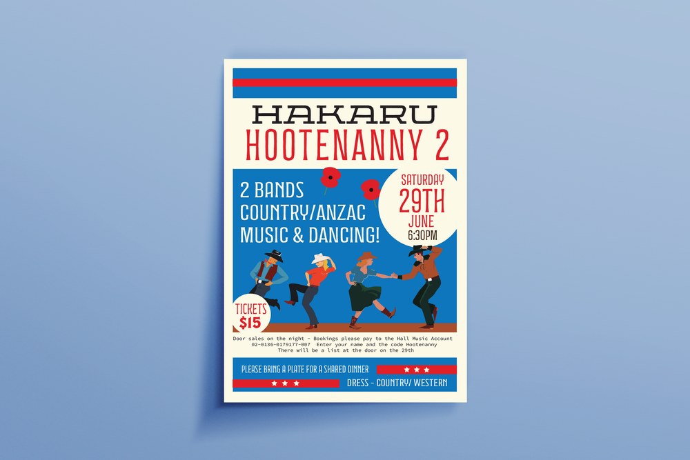 Hakaru Hootenanny 2 poster, a country and ANZAC themed community dance