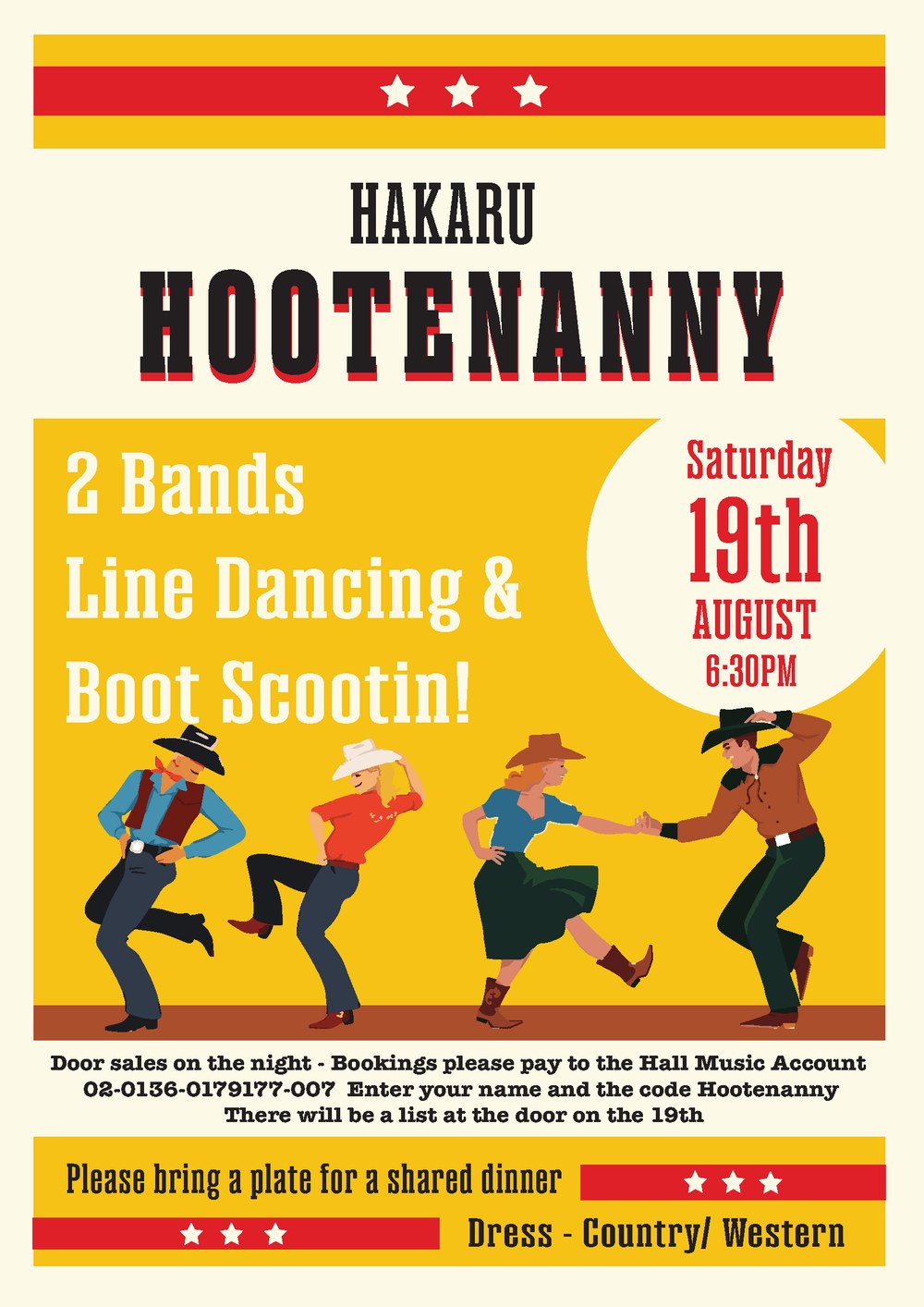 Hakaru Hootenanny poster with line-dancing illustration