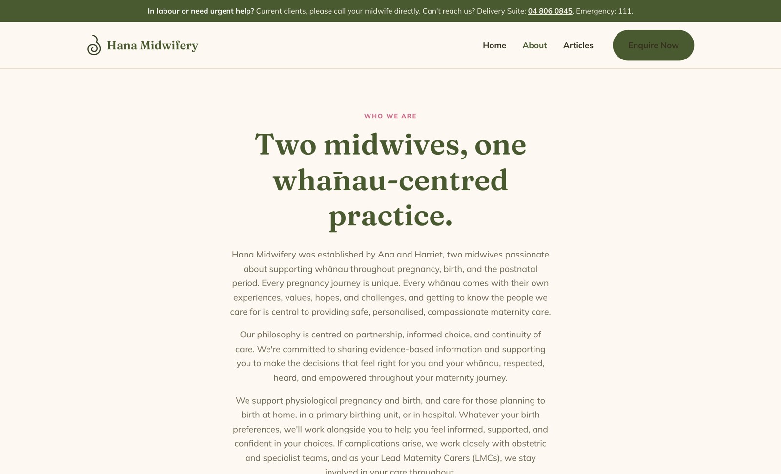 Hana Midwifery about page introducing the practice's philosophy