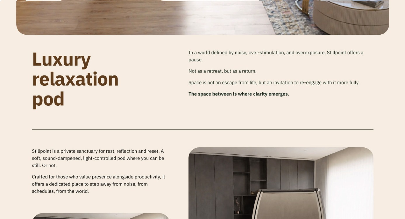 Stillpoint website page featuring the meditation pod and the line Luxury relaxation pod