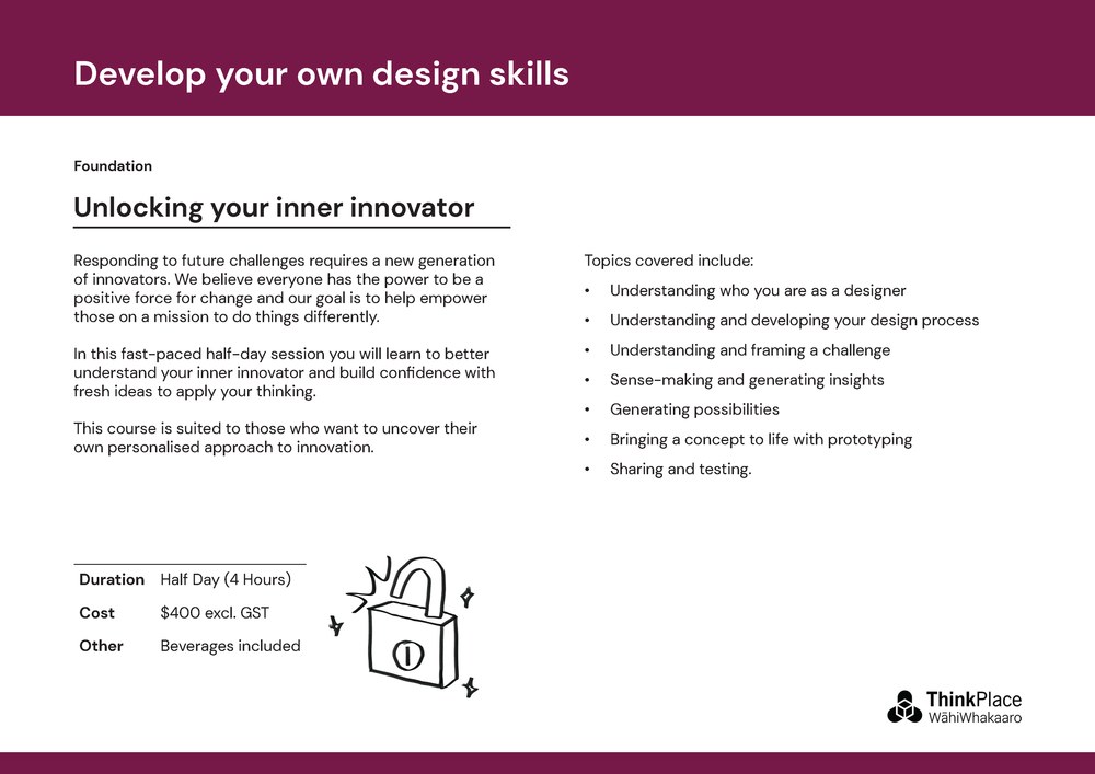 Unlocking your inner innovator course flyer with topics and pricing